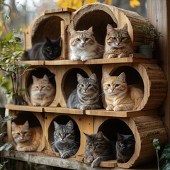 Naklejka na ściany i meble Nine adorable cats relaxing in their cozy wooden cat house.
