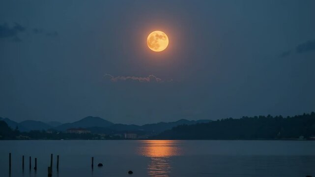 Serene Night Landscape Large Orange Moon over Calm Lake and Distant Mountains