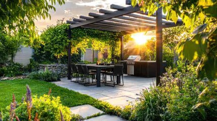 Obraz premium Sunset outdoor patio with pergola, dining area, and built-in barbecue