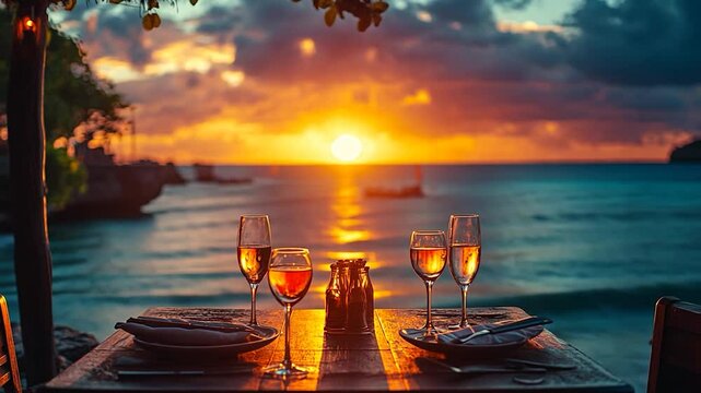 Romantic sunset dining with wine glasses on a beachside table
