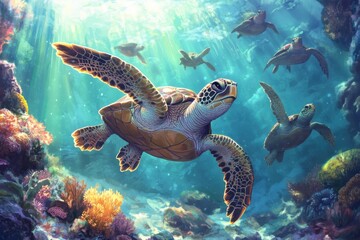 a dynamic and captivating underwater scene featuring a group of sea turtles swimming 