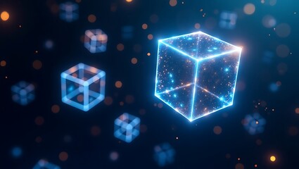 Glowing 3D cubes, blockchain concept, floating geometric shapes, futuristic technology