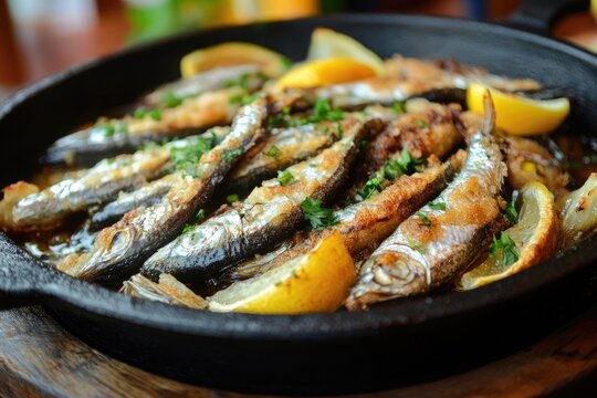 A sizzling plate of boquerones fritos with fried anchovies