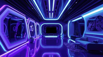 Obraz premium Futuristic living room with neon lighting and reflective floor