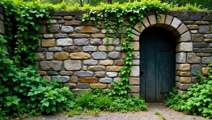 Naklejka premium Old worn out stone walls with overgrown vines and ferns , weathered, wall, ancient