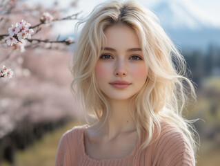 Fototapeta premium european blonde girl posing in front of mount fuji in spring with cherry blossoms