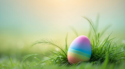 A vibrant and festive rainbow-hued Easter egg resting in a natural spring meadow 