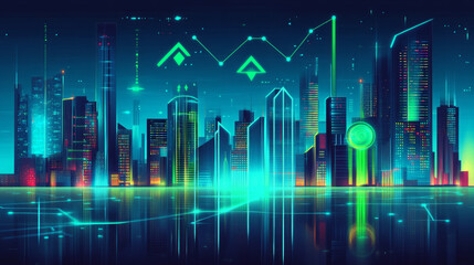 Fototapeta premium This image of a city skyline at night with a green arrow graph represents technological progress financial growth and modern city development. AI generative