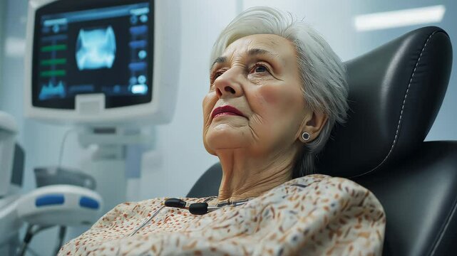 Elderly woman patient receiving diagnostic testing in a high-tech longevity clinic with advanced medical equipment	