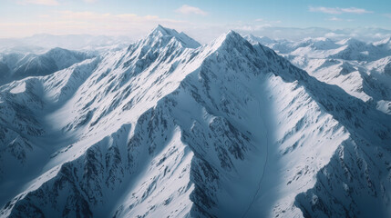 Fototapeta premium Majestic snow covered mountains rise against clear blue sky, showcasing beauty of nature winter landscape