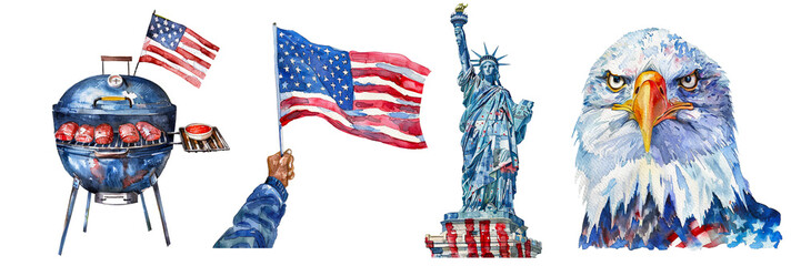 A watercolor patriotic set for U.S. Independence Day