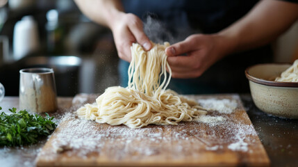 Raw homemade ramen noodles are being prepared from scratch with fresh dough and flour ideal for an authentic meal. AI generative