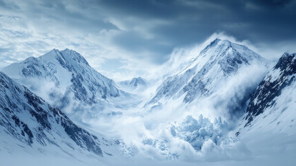 Obraz premium Majestic snow covered mountains with dramatic clouds and avalanche in foreground create breathtaking winter scene