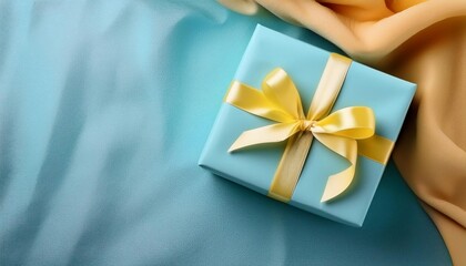 Pastel Blue Gift Box with Pastel Yellow Ribbon on Fabric Background. Top View of Gifts for Babies with Copy Space
