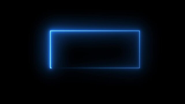 A blue  Abstract glowing neon rectangle border frame in the shape rectangle energy line animation. Neon rectangle frame animation   on black background. 4k