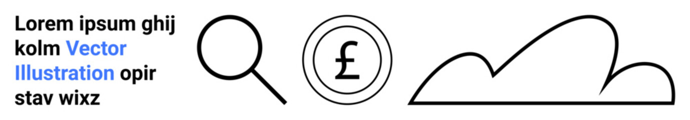 Magnifying glass, pound sterling coin, cloud sketch, and placeholder lorem ipsum text. Ideal for finance, internet, search, currency, economy cloud computing and simple landing page