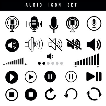 Audio Icon Set with Microphone, Speaker, Volume, and Playback Controls