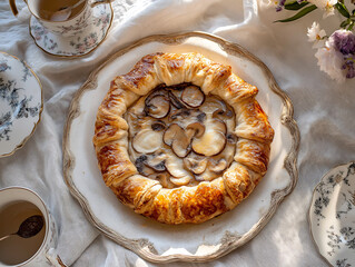 Homemade mushroom galette with golden puff pastry crust on vintage plate. Open savory cream parmesan cheese pie. Rustic dining, gourmet pastry. Family dinner table, tea set, flower on linen tablecloth
