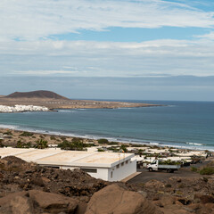 Panorama of Caleta de Famara on the island of Lanzaorte in the Canary Islands in Spain