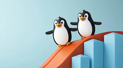 Fototapeta premium Two cute cartoon penguins appear on an orange and blue surface