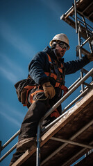 Construction Worker on Scaffolding Safety Gear High Rise Blue Sky