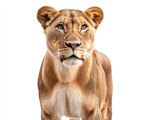 Naklejka premium Lioness Portrait Staring Directly Isolated on White Background Detailed and Focused