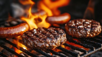 4K image of Lean Grass-Fed Beef Hamburgers and Bratwurst Sausage Cooking on Charcoal Grill with Flames, Backyard Barbecue, Summer generative ai illustration