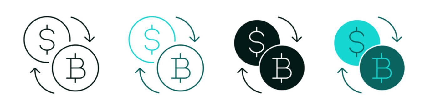 Dollar to bitcoin conversion icon set. Cryptocurrency, money conversion or currency exchange  concept. Line and solid logo for web or app. Bitcoin and USD coin with arrows. Editable vector stroke.
