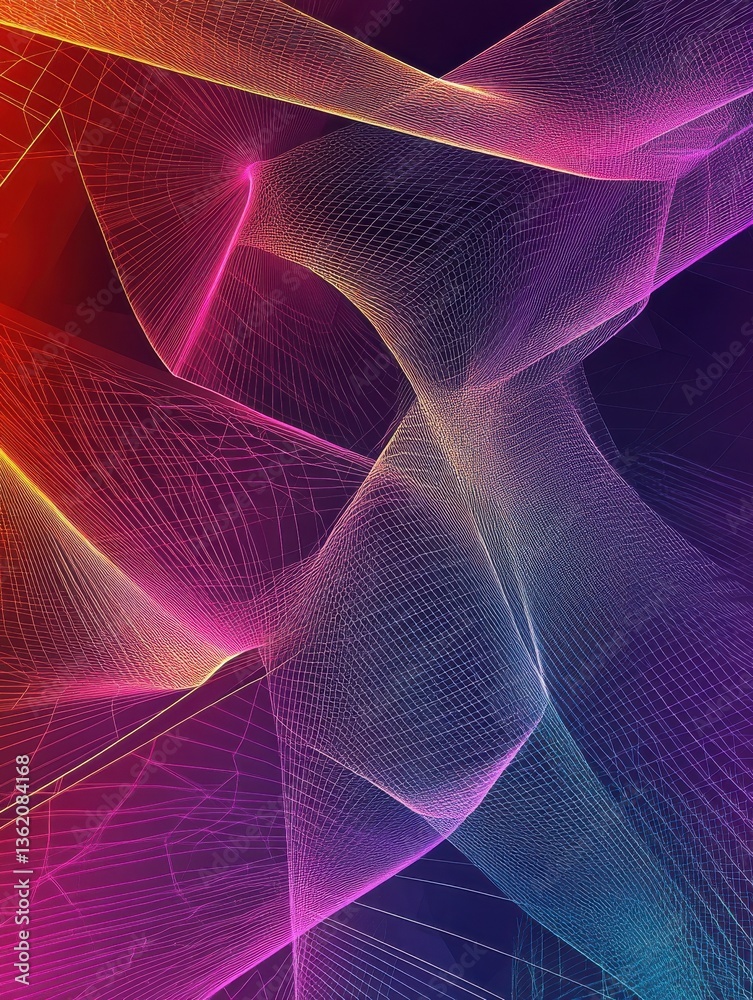 Poster geometric wireframe grid with dynamic gradients and intersecting lines, evoking a futuristic and abs