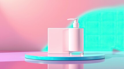 Pink soap dispenser and box stand on turquoise platform