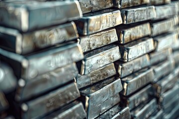 Stacked silver bars shining in the light