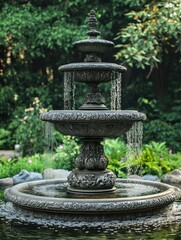 Ornate tiered stone fountain with water trickling into a pond.
