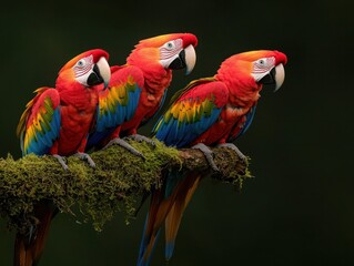 Fototapeta premium Vibrant Scarlet Macaws in Lush Rainforest Wildlife Photography Close-Up View Tropical Environment Nature Beauty