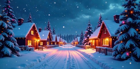 Snowy winter village with festive lights and Christmas trees, , evergreen tree, cozy scene