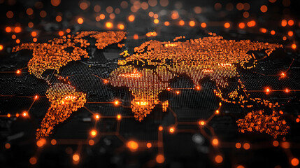 Digital representation of a world map illuminated by glowing orange dots signifies global connections and data sharing