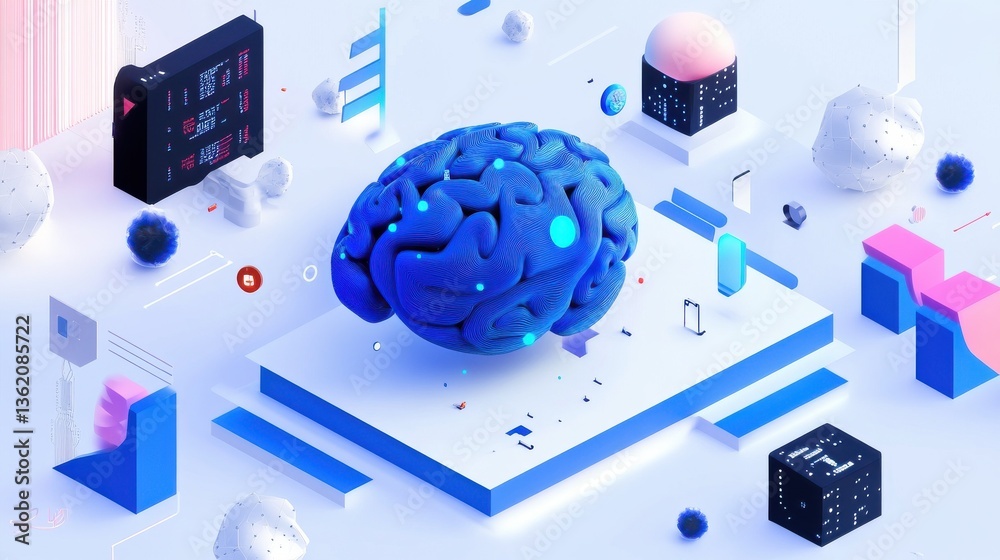 Poster digital illustration of an ai brain surrounded by data elements, highlighting artificial intelligenc
