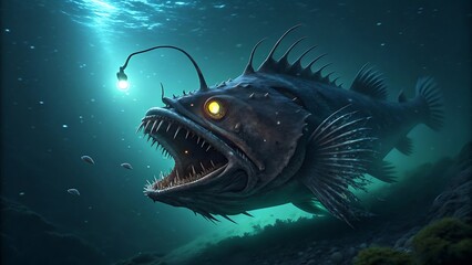 Terrifying Deep-Sea Anglerfish with Glowing Light &ndash; Underwater Predator. Deep-Sea Monster &ndash; Scary Anglerfish with Sharp Teeth and Glowing Lure. Nightmare Underwater Creature: Bioluminescent Anglerfish