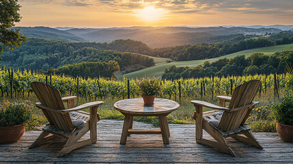 Serene sunset over vineyards from a wooden deck with comfortable chairs in the countryside