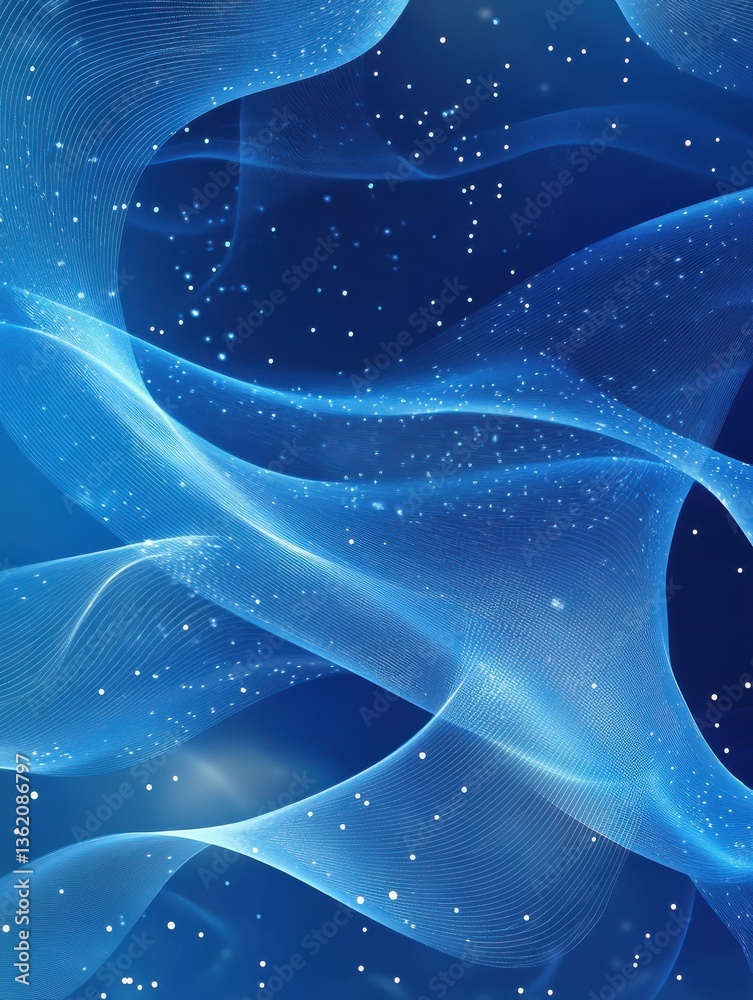 Poster abstract design with wavy translucent lines and dots on blue background