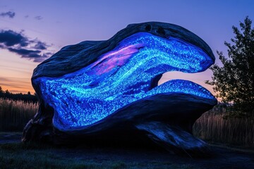 Obraz premium Unique glowing sculpture resembling a shell illuminates a serene landscape at dusk