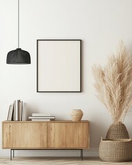 Minimalist interior design with wooden cabinet, pampas grass, and black pendant lamp.