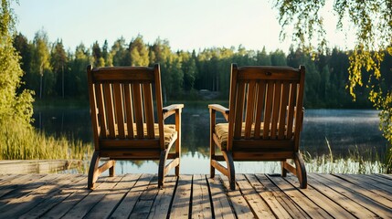 Obraz premium Serene Lakeside View Two Wooden Chairs Peaceful Summer Nature