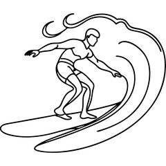 Fototapeta premium Surfer line art, dynamic pose, riding wave, black and white illustration
