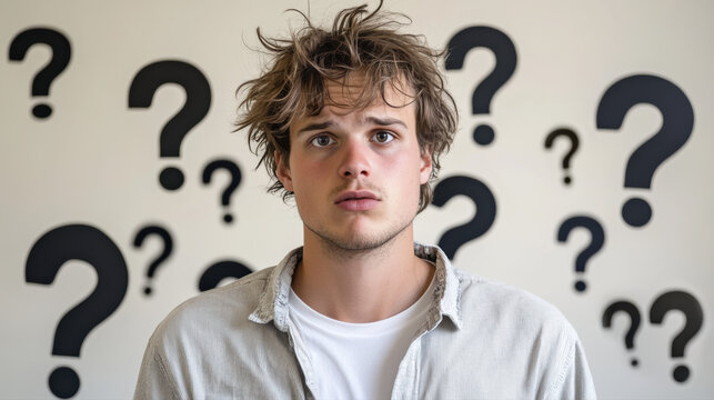 Homme choqu&eacute; avec cheveux boucl&eacute;s et expression surprise, fond points d&rsquo;interrogation