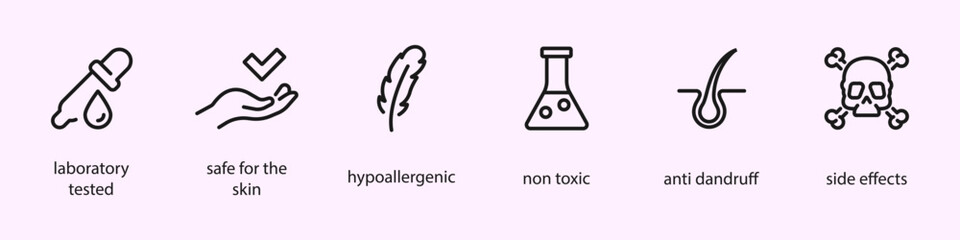 Hypoallergenic, non toxic, anti dandruff, side effects, safe for the skin, laboratory tested. Organic cosmetic line icons set. Organic skin care components or labels.