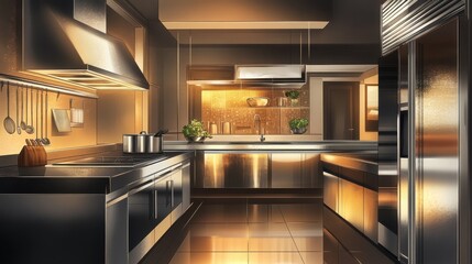Modern and luxurious kitchen with metallic accents and warm lighting illustration