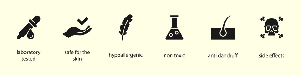 Organic cosmetic line icons set. Organic skin care components or labels. Hypoallergenic, non toxic, anti dandruff, side effects, safe for the skin, labaratory tested.