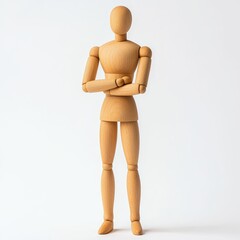 Classic wooden artist mannequin with arms crossed, looking contemplative, isolated on a clean white background