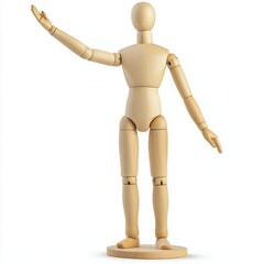 Classic wooden artists mannequin with one arm raised, isolated on a clean white background