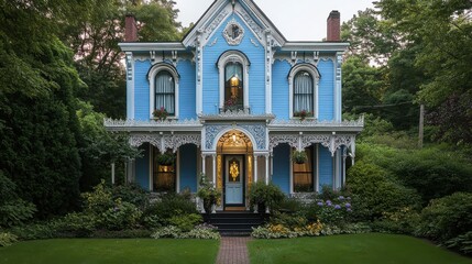 Charming blue Victorian house surrounded by lush gardens at dusk